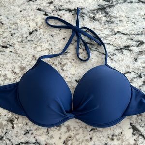 Dark blue push up bikini top; underwire with padding; Rue Bleu with twist front